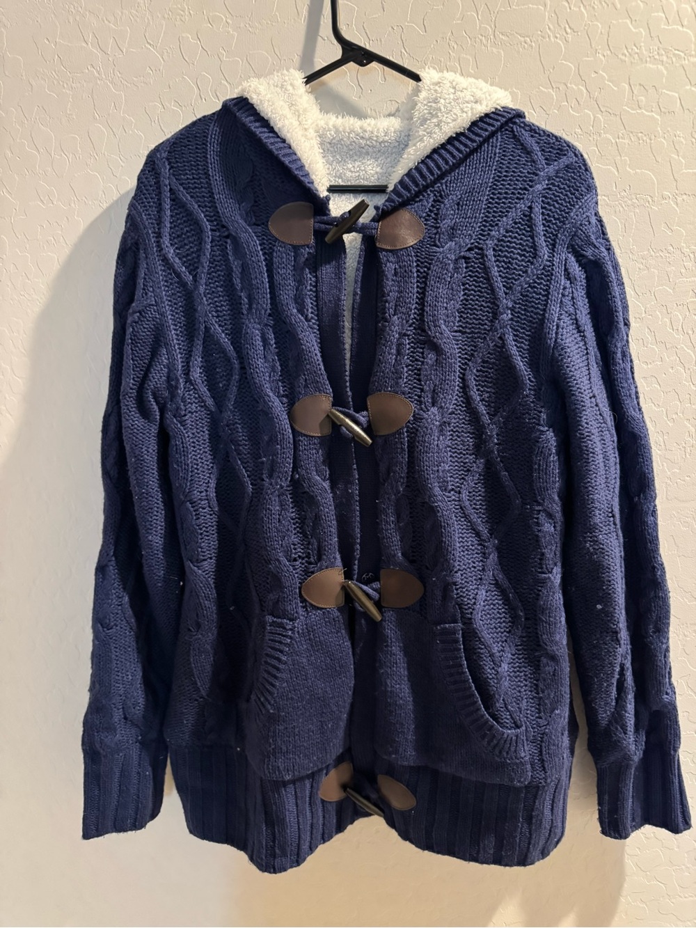 Women’s Navy Hooded Cable Knit Toggle Sweater Jacket